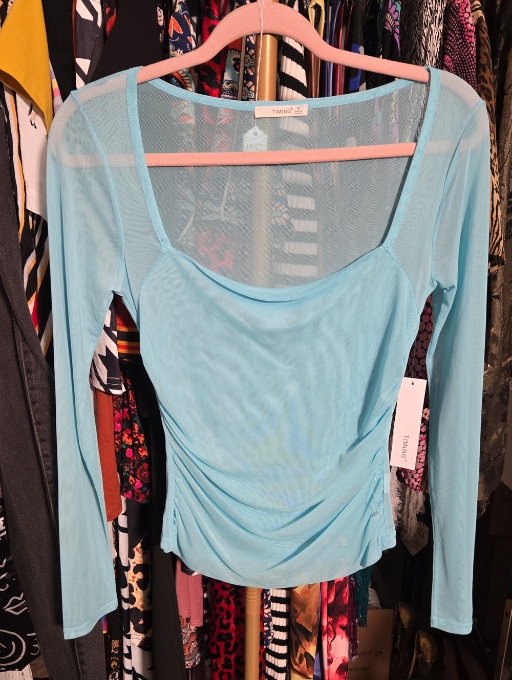 Timing Sky Blue Long Sleeve Mesh Layering Top